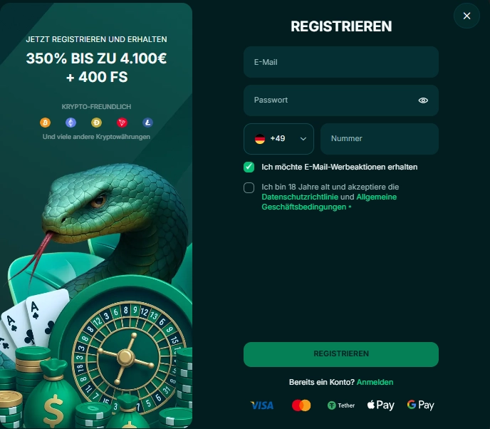 Registrierungsformular zur Kontoeröffnung im Spinaconda Casino