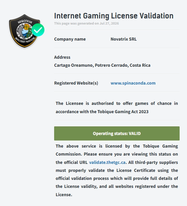 Lizenzvalidierung von Spinaconda Casino bei der Tobique Gaming Commission